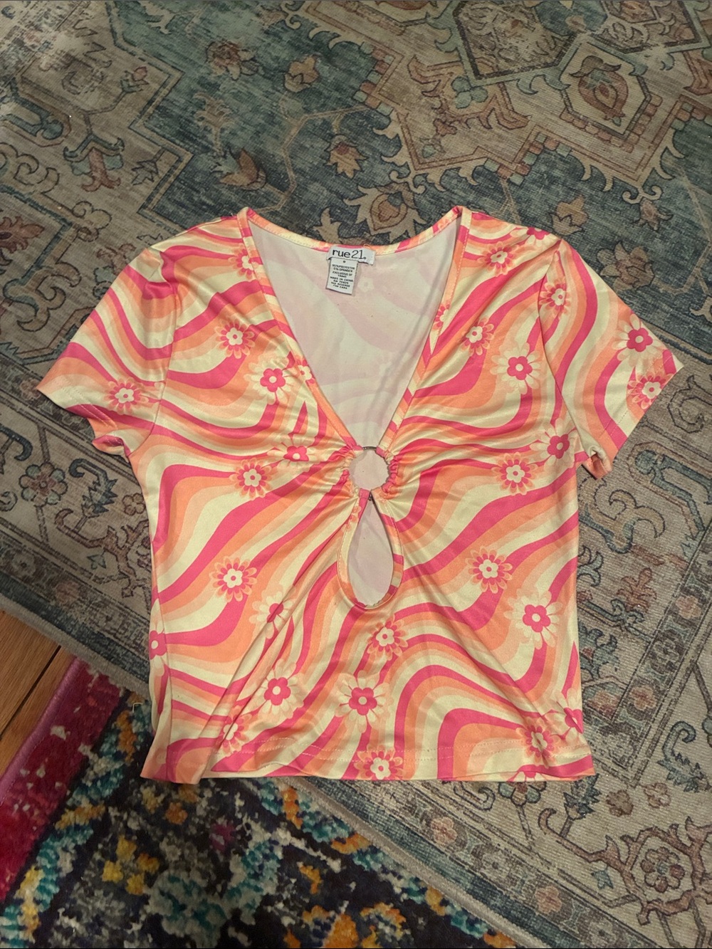 Pink and Orange Floral Wave Crop Top